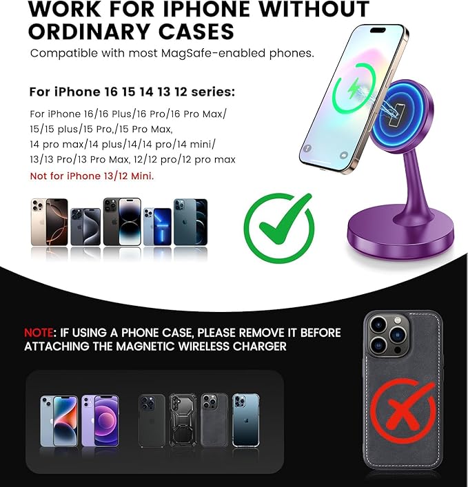 TXXTOL Magnetic Wireless Charger iPhone Stand, 15W Fast Mag-Safe Charger iPhone 17/17 Air/17 Pro/17 Pro Max 16/15/14/13/12 Series Magnet Wireless Charging Station/Pad/AirPods for Home, Office, Travel