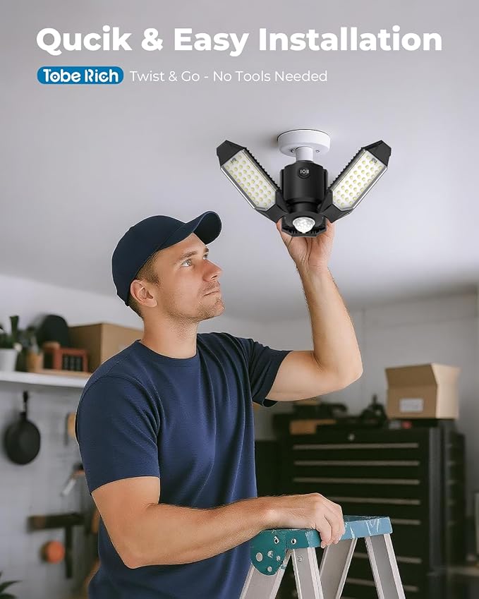 toberich Motion Sensor Garage Lights 2 Pack, 8000LM LED Shop Lights Motion Activated, 3 Switch Modes, 6500K Indoor Motion Sensor Light Bulb for Garage, Stairway, Laundry Room, Basement