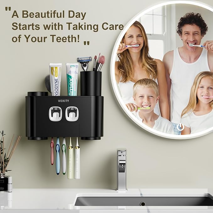Toothbrush Holder Multi-Function Wall-Mounted, Automatic Toothpaste Dispenser & Dust-Proof Toothbrush Holder with 5 Brush Slots 4 Cups 2 Automatic Toothpaste Dispensers 1 Storage Slot (Black)