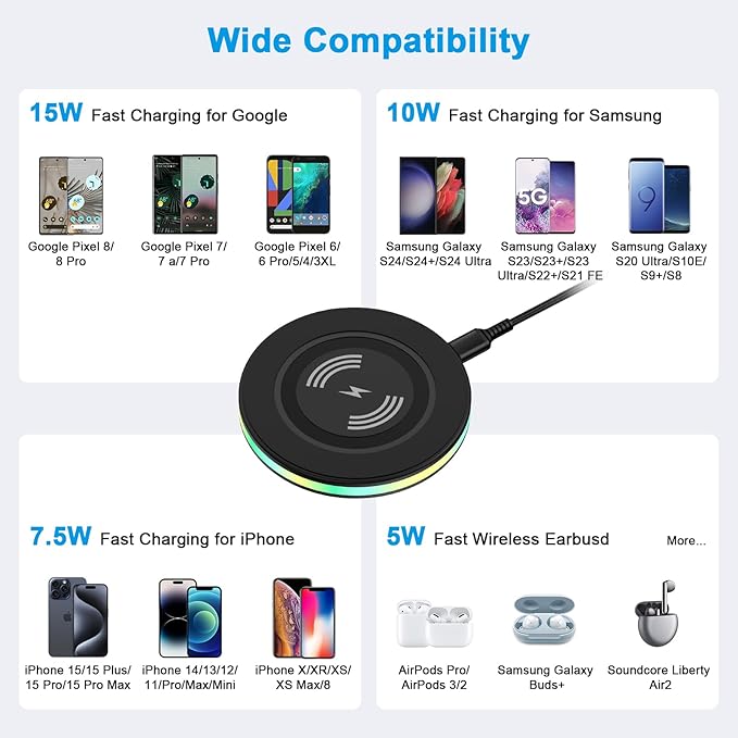 for Samsung Wireless Charger 15W Fast Charging Pad with Adapter for Samsung Galaxy S25 Ultra S24 Ultra S23 FE S22 S21 S20, Android Wireless Charger Phone Charging Station for Google Pixel 10 Pro XL 9a