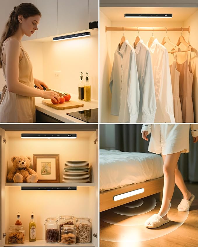 Ferswe Closet Lights Rechargeable, Battery Level Display, Dimmable Battery Powered Lights, 3000K Motion Sensor Light Indoor, 60 LED Touch Light for Kitchen, Closet, Shelf(4 Pack)