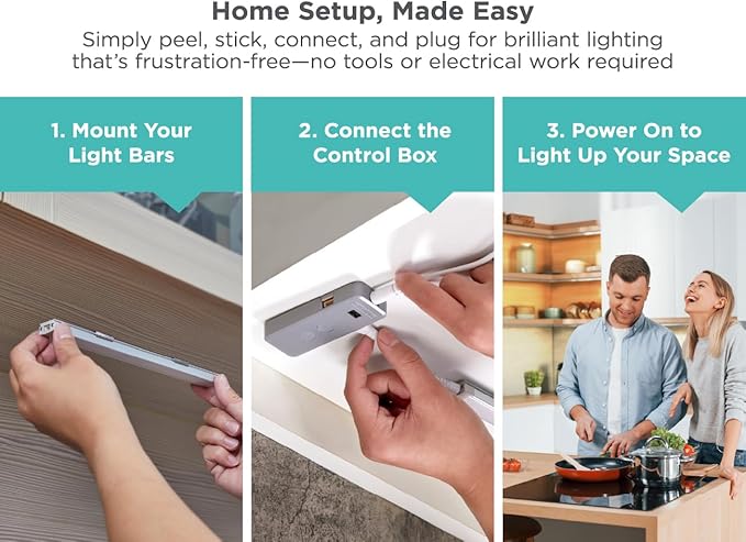 PureOptics LED Under Cabinet Lighting Kit, Motion Sensor, Dimmable, Linkable, 3 Color Settings, Tool-Free, for Kitchen, Pantry, Cabinets, Closets, Office (6) 9" Bars