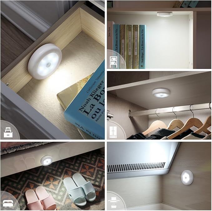 AMIR Upgraded 3.15” Motion Sensor Light Indoor, Cordless Battery Powered Stick on LED Night Lights for Closet, Stair, Under Cabinet, Hallway, Kitchen (White - Pack of 6)