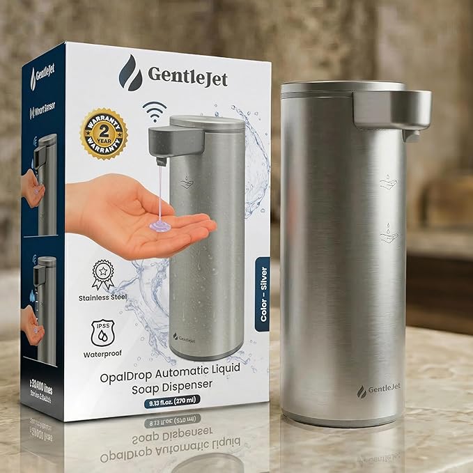GentleJet OpalDrop Automatic Liquid Soap Dispenser for Kitchen Sink Touchless No-Drip Pump, USB-C Rechargeable, 304 Stainless Steel, IPX5 Water-Resistant, 270 ml