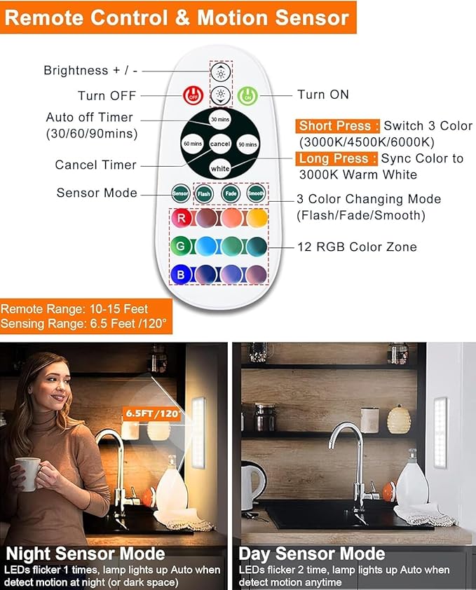 Diomart Under Cabinet Lighting, RGB Rechargeable Motion Sensor Light Indoor Night Lights, 58-LED Remote Control Under Counter Lights for Kitchen, Wardrobe, Hallway, Stairs, Desk (4 Pack)
