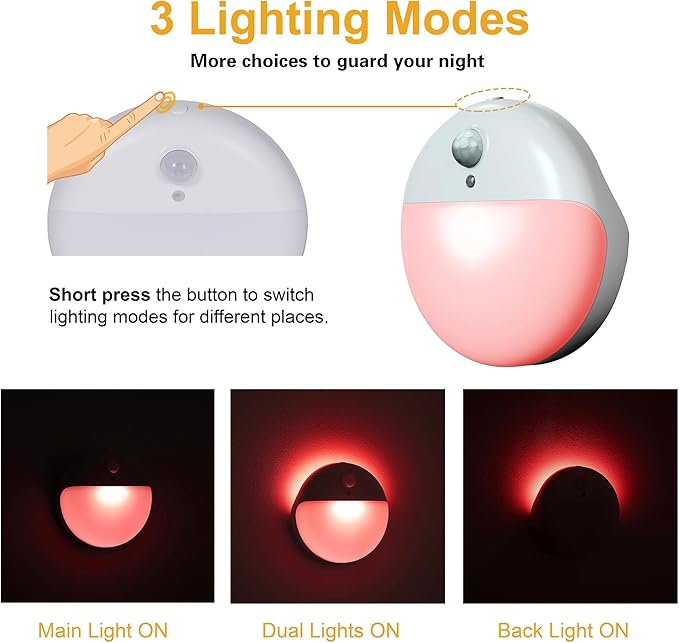 YUNLEX 2 Pack Red Night Light, Battery Operated Night Light, 2.6" Small Sticky Lights, Dimmable Motion Sensor Light, 3 Light Modes, Portable LED nightlight for Baby, Kids, Sleep, Bedroom, Bathroom