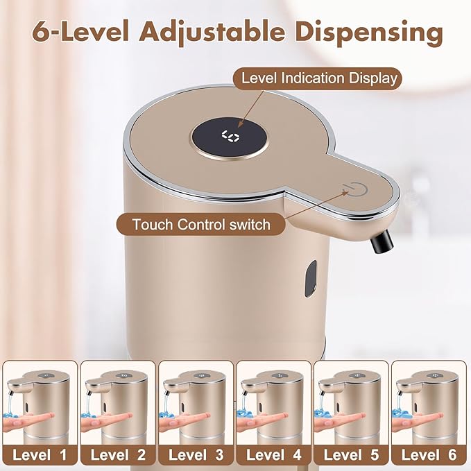 Automatic Soap Dispenser, Hand Soap Dispenser 12.8oz/380ml Smart Rechargeable, Liquid Soap Dispensers with 6-Level Touchless, Wall Mounted or Countertop Dish Soap Dispensing for Bathroom & Kitchen