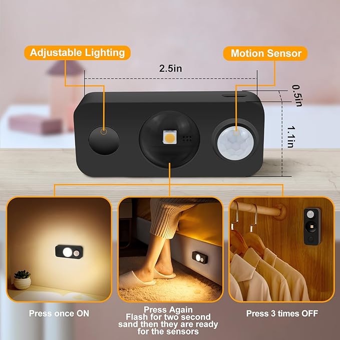NIEGNOWOO LED Motion Sensor Puck Lights, Rechargeable Cabinet Lights, Stick on Wireless LED Night Light for Closet, Drawer, Shelf, Under Cabinet, Warm White 4Pack, USB Charging Cord Included