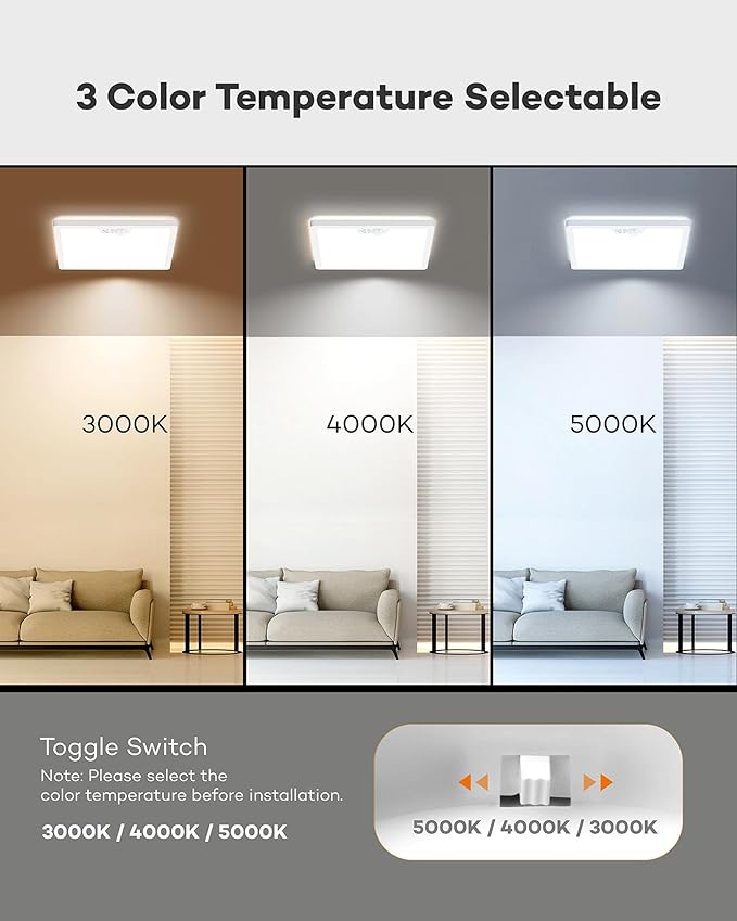 Annaror 12in Motion Sensor Ceiling Light Wired, 3000K 4000K 5000K Selectable, 24W Flush Mount Square Motion Ceiling Light with 3 Timer for Closet Porch Stairs Hallway, White