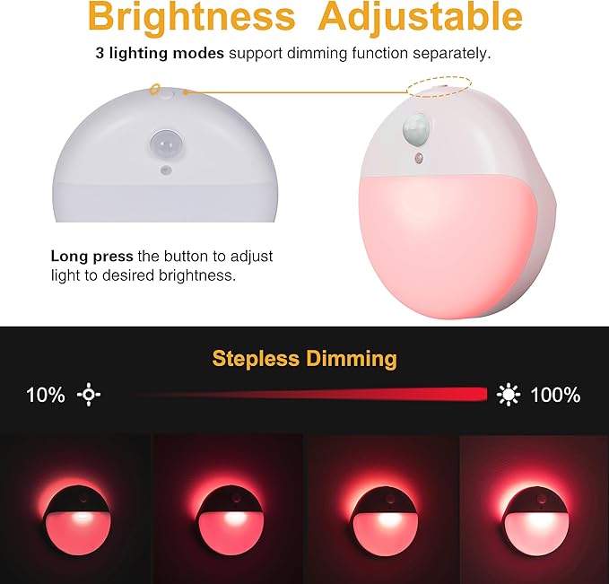 YUNLEX 2 Pack Red Night Light, Battery Operated Night Light, 2.6" Small Sticky Lights, Dimmable Motion Sensor Light, 3 Light Modes, Portable LED nightlight for Baby, Kids, Sleep, Bedroom, Bathroom