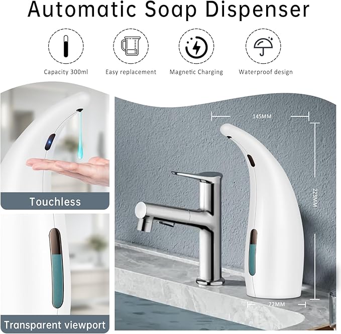 Automatic Soap Dispenser Touchless,300ML Hand & Dish Countertop Electric Liquid Rechargeable Dispenser with Sensor,Modern 4 Gear Adjustable Waterproof Kitchen Auto Soap Pump（White）