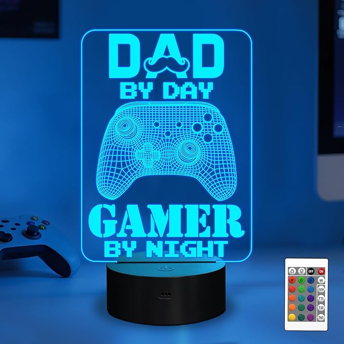 YuanDian Gamer Gifts for Dad, Dad by Day Gamer by Night Funny 3D Illusion Lamp 16 Colors Changing Touch & Remote Control, Desk Decor Gift for Birthday, Christmas, Father’s Day