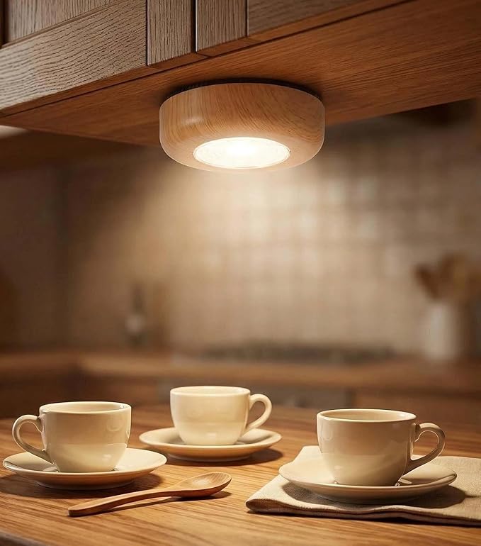 Small Push Light, 6 Pack Under Cabinet Lights Battery Powered, Wood Look LED Touch Light, Wireless Puck Lights Stick On for Kitchen, Wardrobe, Closet
