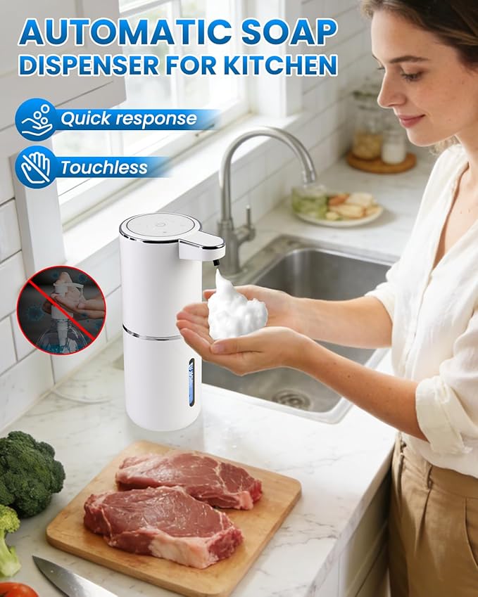 Automatic Foaming Soap Dispenser, Touchless, USB Rechargeable Foam Hand Soap Dispenser, 4 Adjustable Volume, Clog-Free for Bathroom Kitchen, Soap Waste Reduction, Easy for Toddlers, White