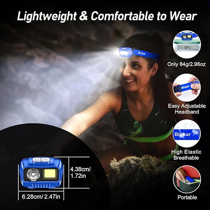 Blukar LED Headlamp,2000L Super Bright Rechargeable Headlight Flashlight with White&Red Light 2 Pack - Motion Sensor,Dimmable Brightness,8 Modes,Spotlight&Floodlight,IPX5 Waterproof for Camping-Blue