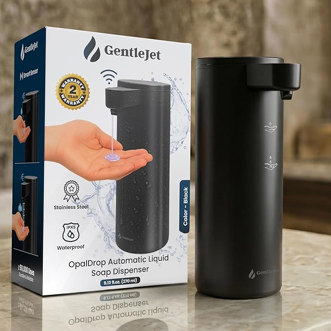 GentleJet OpalDrop Automatic Liquid Soap Dispenser for Kitchen Sink Touchless No-Drip Pump, USB-C Rechargeable, 304 Stainless Steel, IPX5 Water-Resistant, 270 ml