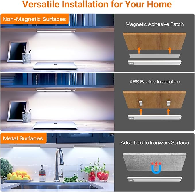 Under Cabinet Lighting, Rechargeable Battery Operated Motion Sensor Light Indoor with 3 Color Tempers Dimmable, Magnetic Closet Light, Wireless Under Counter Lights for Kitchen, Stairs, 3 Pack