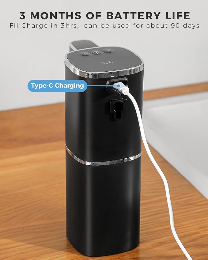2 Pack Automatic Foaming Soap Dispenser, 13.5oz/400mL, USB Rechargeable,9- Adjustable Foam Levels, IPX5 Waterproof, Touchless & Wall/Tabletop Use for Kitchen Bathroom, Black