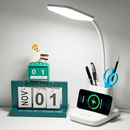 Upgraded LED Desk Lamp with Wireless Charger, White Small Desk Light with Pen Holder, 3 Color Modes, CRI 85, 800 Lumen, Study Lamps for College Dorm Room, Home Office, Adapter Included