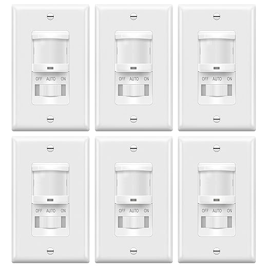 TOPGREENER Occupancy/Vacancy PIR Motion Sensor Light Switch, Learning Function, No Neutral No Ground Required, 200W Incandescent / 150W LED Load, UL Listed, Wall Plate Included, White, 6 Pack