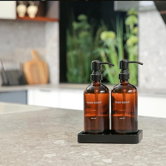Prus Waso Amber Soap Dispenser Set, Soap Dispenser for Kitchen Sink with Black Stainless Steel Pump, Perfect for Kitchen Accessories Decor. (Amber)