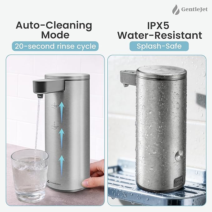 GentleJet OpalDrop Automatic Liquid Soap Dispenser for Kitchen Sink Touchless No-Drip Pump, USB-C Rechargeable, 304 Stainless Steel, IPX5 Water-Resistant, 270 ml