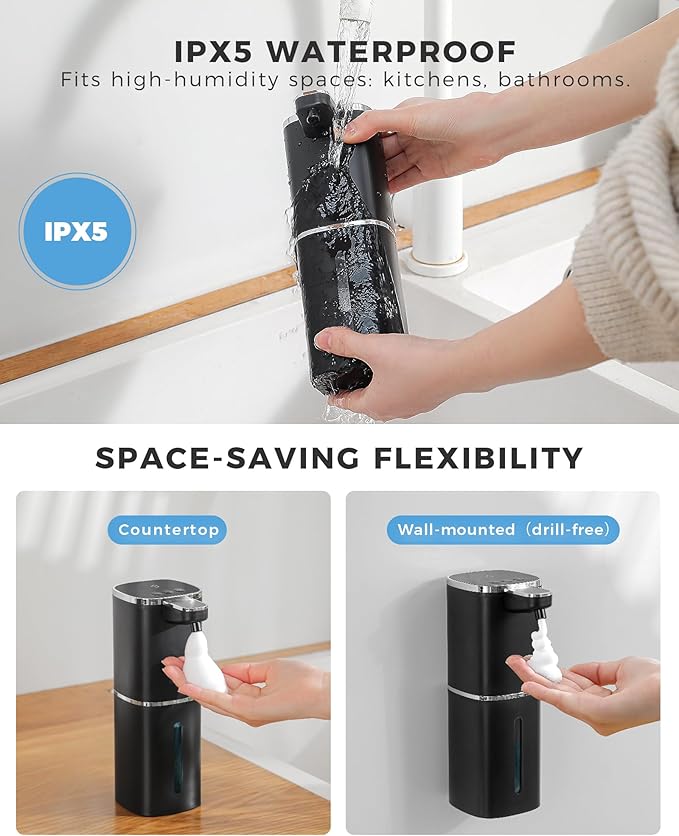 2 Pack Automatic Foaming Soap Dispenser, 13.5oz/400mL, USB Rechargeable,9- Adjustable Foam Levels, IPX5 Waterproof, Touchless & Wall/Tabletop Use for Kitchen Bathroom, Black