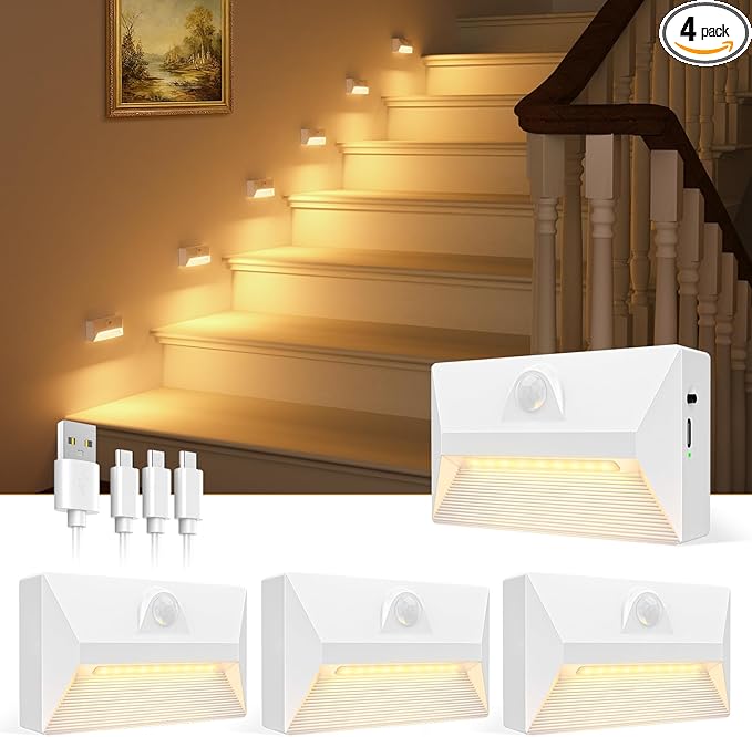 VOLISUN Motion Sensor Stair Light Rechargeable 4 Pack, Night Lights 3 Modes & 3 Color Temperatures, Magnetic Rechargeable Stick-On Lights for Stairs, Hallway, Cabinet(White)