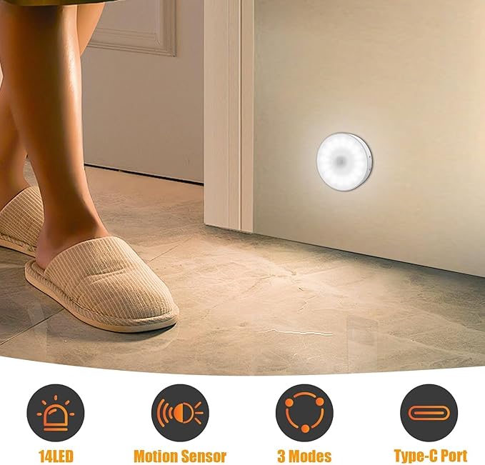 Motion Sensor Light Indoor [Upgraded 14 LEDs], 3 Pack Rechargeable Night Light, Wide Detection Range, 3 Light Modes, Bedroom Closet Lights, Anywhere Stair Light, Hallway Light - Cold White