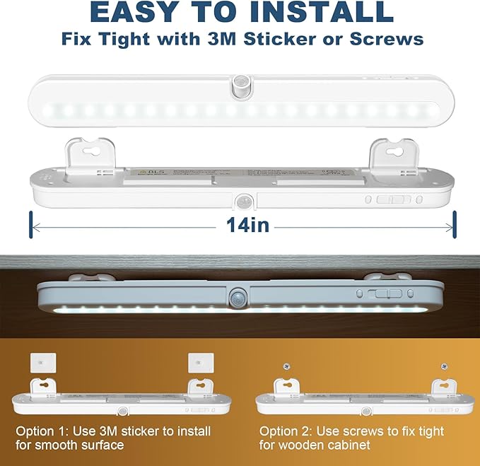 BLS Under Cabinet Lighting, 2200mah Rechargeable Closet Lights Motion Sensored, Battery Powered/DC Cable Plug in LED Light, 14 inch, 6000K Cool White, Dimmable, Under Counter Lights for Kitchen