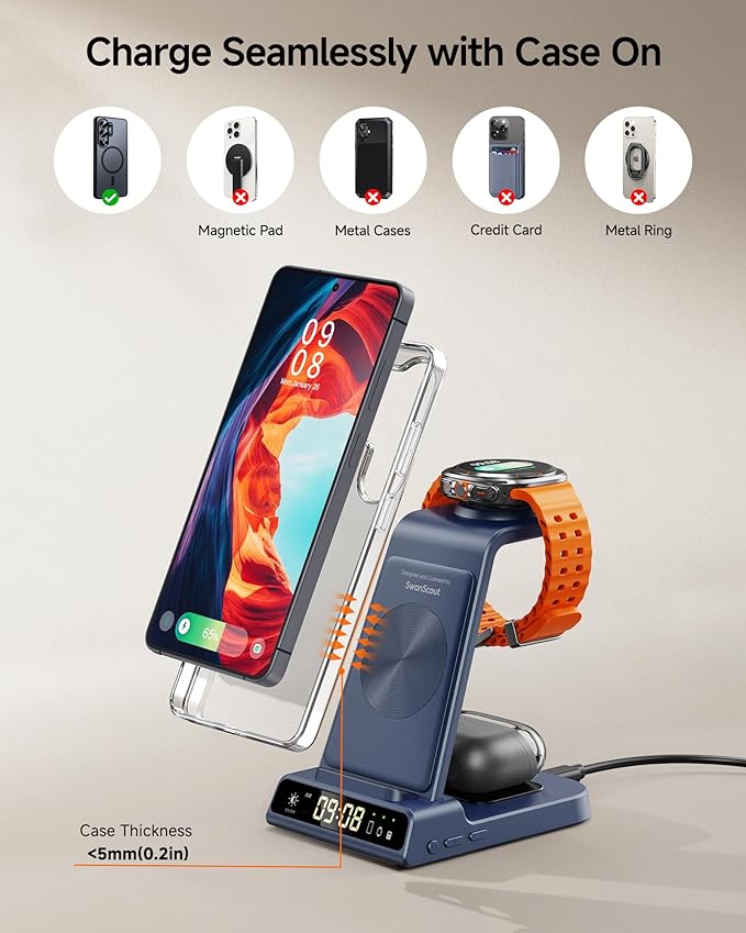 Wireless Charger for Samsung, 3 in 1 Wireless Charging Station for Samsung Galaxy S26 Ultra/S25 Ultra/S24/S23/Note 20/Z Flip 7/Fold 6, Charger for Samsung Galaxy Watch Ultra/8/7/6, Galaxy Buds 4/4 Pro