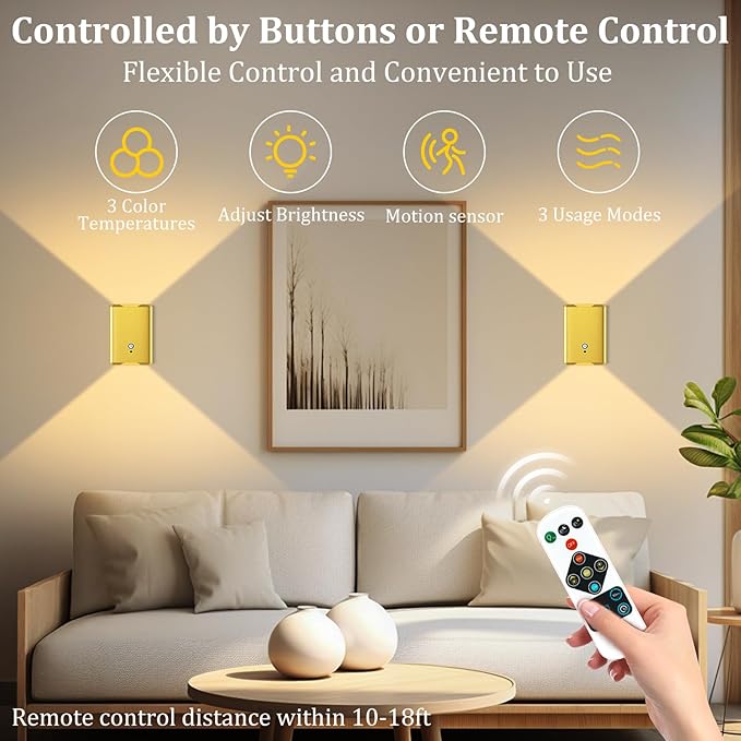 4 Pack Battery Operated Wall Lights - 5000mAh Rechargeable Motion Sensor Wall Sconce with Remote, 3 Colors Wireless Wall Lamp Magnetic Motion Sensor Night Light Indoor for Hallway Stairway, Gold