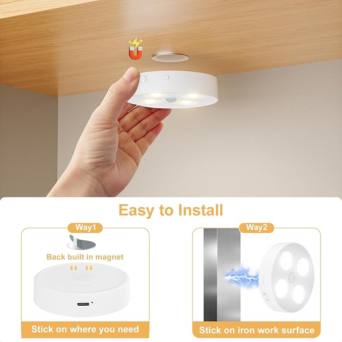 HOMEBEST RGB Puck Lights with Remote & Motion Sensor – 1500mAh Rechargeable Under Cabinet Lighting for Kitchen, Closet & Stairs – 13 Colors, Magnetic Stick-On Lights, 4 Pack