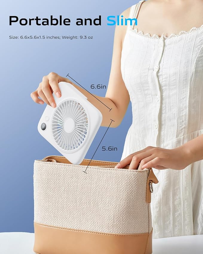 Otlonpe Portable Desk Fan 6.5 Inch, 4000mAh Rechargeable Battery Operated & USB Powered, 23Hrs Cordless Small Personal Fan 4-Speed Quiet for Office Travel Home Sleeping, Led Display, Foldable (White)