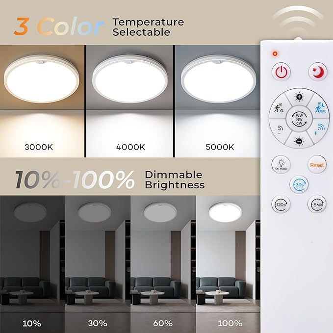Annaror Motion Sensor Ceiling Light with Remote, Wired Motion Sensor Light Indoor 3000K 4000K 5000K, 2000K Nightlight 2400LM Motion Activated Light with Timer for Closet Hallway Laundry Stairs 12in