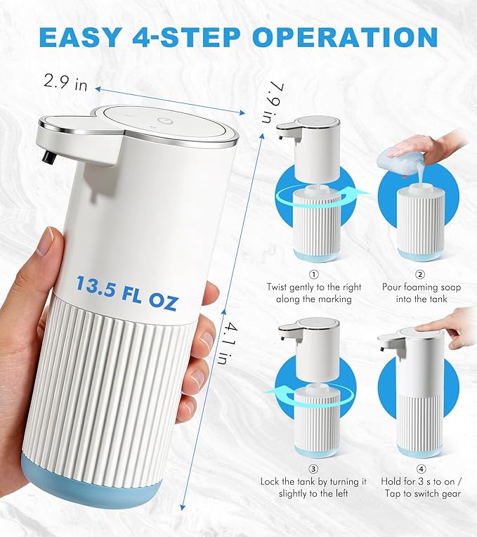 RYTOXILO Automatic Soap Dispenser, 2 Pack White Touchless Liquid Soap Dispenser for Bathroom, 13.5 Fl Oz Plastic Electric Auto Dish Soap Dispensers Wall Mount for Kithcen with Adjustable Volume