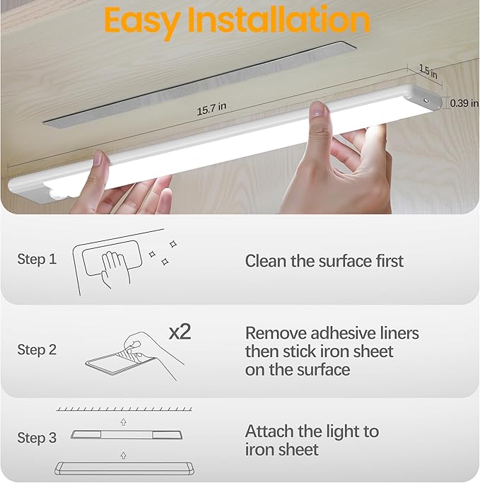 15.7 inch Motion Sensor Under Cabinet Light, 3 Color Temperature Dimmable Rechargeable Magnetic Closet Light Wireless Under Counter Light 5-Pack