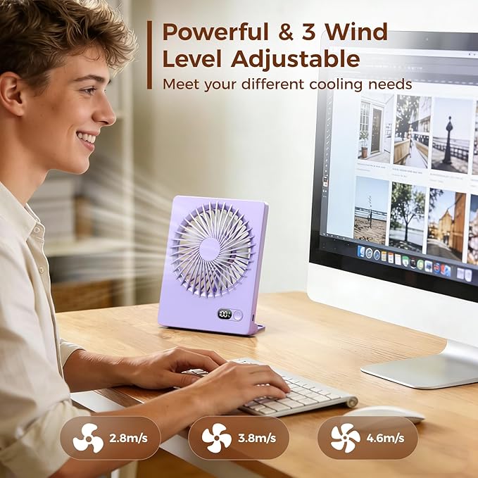 Zuvas Desk Fan Battery Operated Fan Rechargeable 180°Tilt Folding Personal Fan Ultra Quiet Small Portable 3 Speed Adjustable Strong Wind Fan For Office Bedroom Home Desktop Camping (Light Purple)