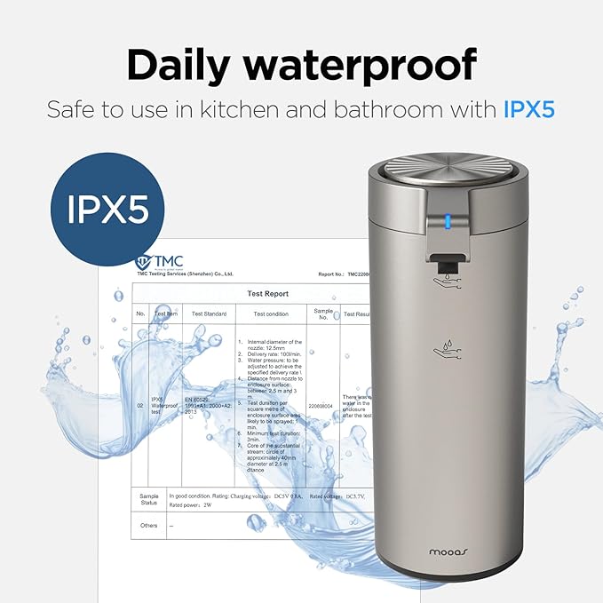 mooas Automatic Liquid Soap Dispenser Stainless Steel Touchless Hands Free Soap Dispenser 2 Levels Adjustable Waterproof Motion Sensor Electric Dish Soap Dispenser for Kitchen Bathroom (Rechargeable)