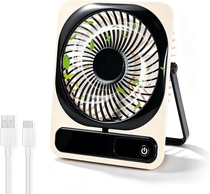 Portable Folding Desk Fan, 5-Speed Quiet Personal Fan w/180° Adjustable Stand & Strong Airflow, 2000mAh Rechargeable Battery Operated Small Fan for Home Office Travel, Tabletop or Hanging Use