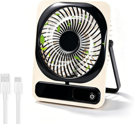 Portable Folding Desk Fan, 5-Speed Quiet Personal Fan w/180° Adjustable Stand & Strong Airflow, 2000mAh Rechargeable Battery Operated Small Fan for Home Office Travel, Tabletop or Hanging Use