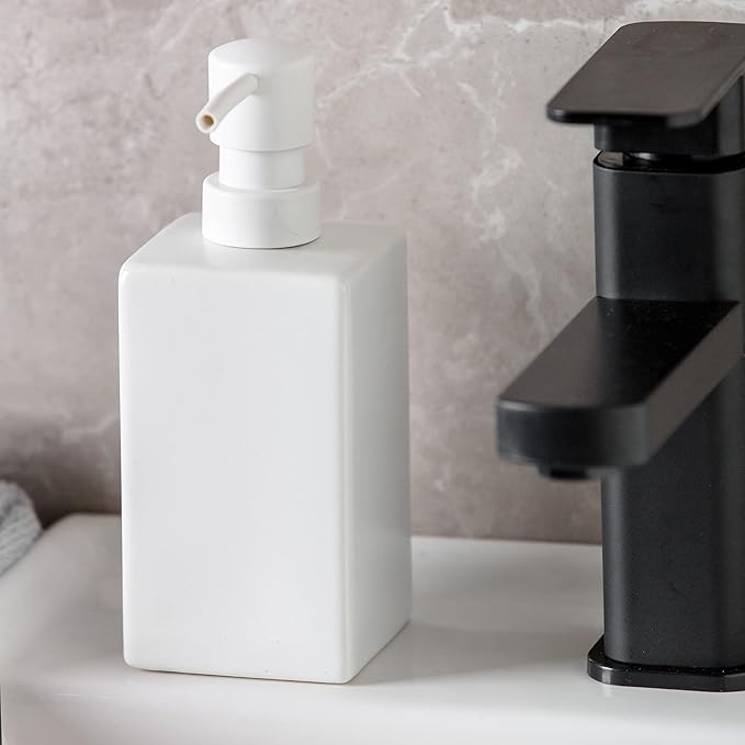 Square Matte White Soap Dispenser Ceramic Hand Soap and Lotion Dispenser for Bathroom Countertop,Dish Soap Dispenser for Kitchen-14oz.