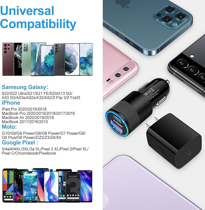 Type C Charger Fast Charging Block for Samsung Galaxy S25, A15 5G,A16,A55,A35,A14,A13,A25,S24 S23 FE,A03s,A53,Z Fold6,20W PD 3.0 USB C Wall Charger 38W Car Adapter+2 PCS Android 6ft USB C-to-C Cable