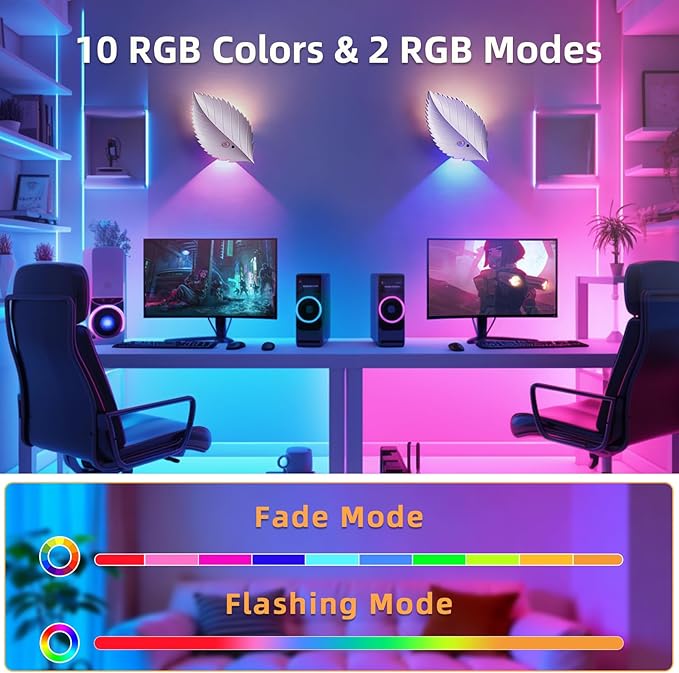 Motion Sensor Wall Light with Remote Control, 10 RGB and 3 Colors Dimmable Wireless Wall Sconces, Rechargeable Wall Sconce for Hallway, Living Room, Stairs, Bedroom (2 Pack)