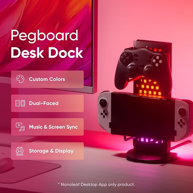 Nanoleaf Pegboard Desk Dock, 3-in-1 Desk Hub with Dual-Sided LED Lighting, USB-A & USB-C Charging, 950mm Pegboard Storage, 50 Lumens, 64 RGB LEDs, Works with Nanoleaf Desktop App, Black