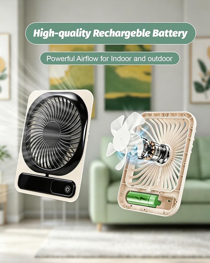 Portable Folding Desk Fan, 5-Speed Quiet Personal Fan w/180° Adjustable Stand & Strong Airflow, 2000mAh Rechargeable Battery Operated Small Fan for Home Office Travel, Tabletop or Hanging Use