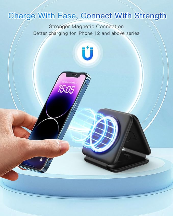 Magnetic Wireless Charger for iPhone: Fodable 3 in 1 Charging Station for Multiple Apple Devices - Travel Charging Pad Dock for Apple Watch iPhone 17 16 15 14 13 12 Pro Max Plus & Airpod