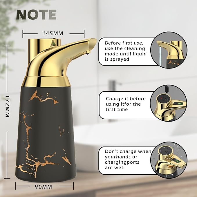 Adjustable Automatic Soap Dispenser Touchless, Ceramic Material，4 Adjustable Levels， Type-c Rechargeable Operated Sensor Liquid Soap Pump，Touch-Free Hand Sanitizer Dispenser (Black Gold)