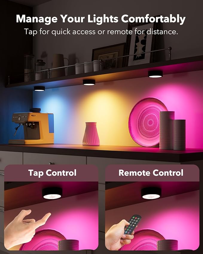 Rechargeable Puck Lights with Remote Control, Black 2400mAh Radar Motion Sensor RGB Under Cabinet Lighting Battery, Magnetic Color Changing Night Lights for Shelf, Showcase, Bookcase, Pantry, Wardrobe