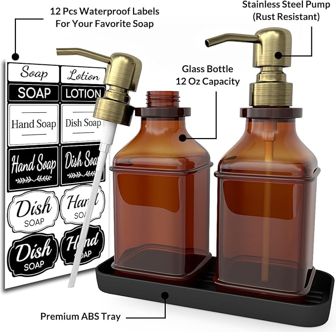 LMQML Soap Dispenser - 2 Pack, Antique Design Thick Amber Glass Hand Soap Dispensers with Sturdy Tray; 304 Rust Proof Stainless Steel Black Pump, 12Pcs Stickers, for Kitchen, Bathroom - Brushed Gold